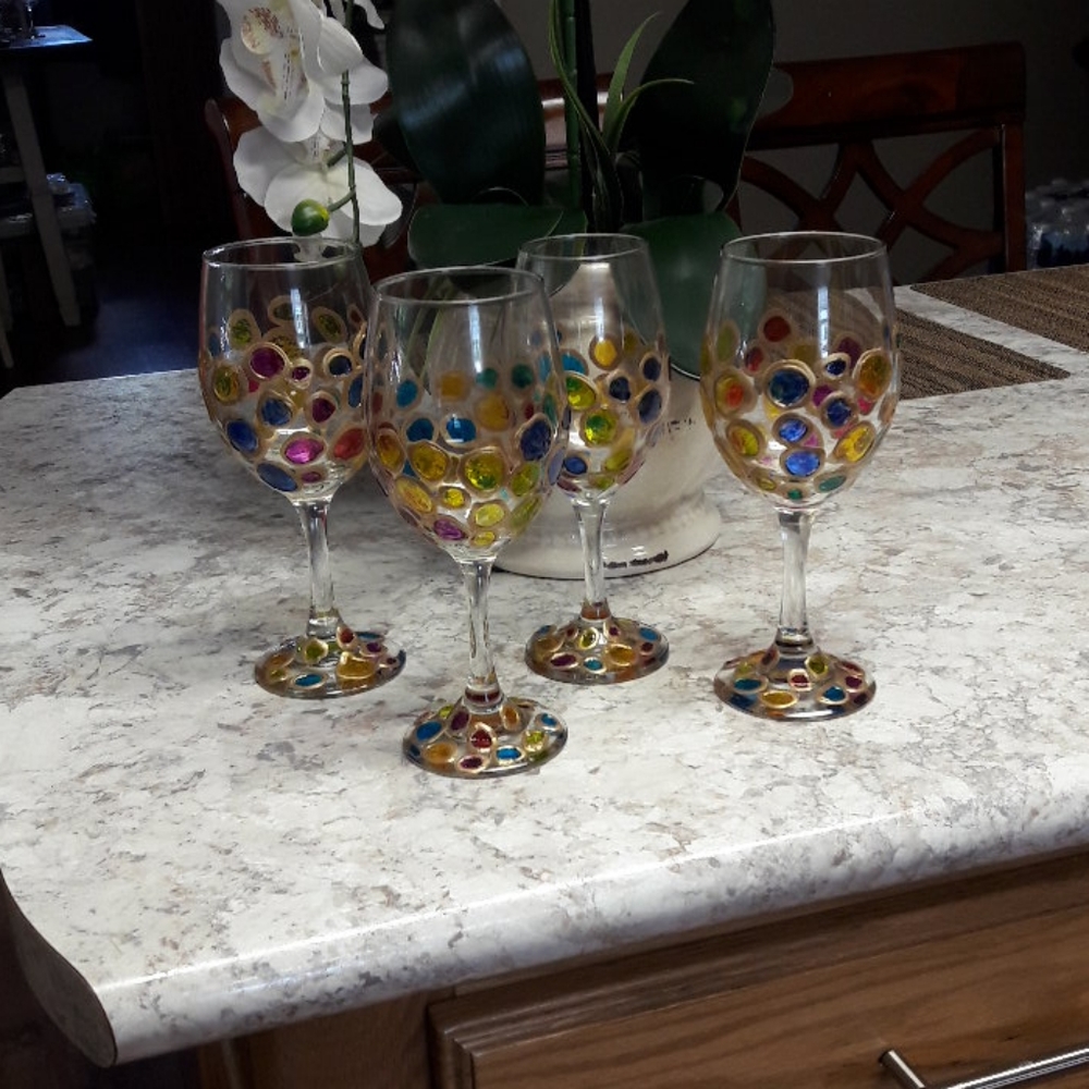 4 Hand Painted Wine Glasses